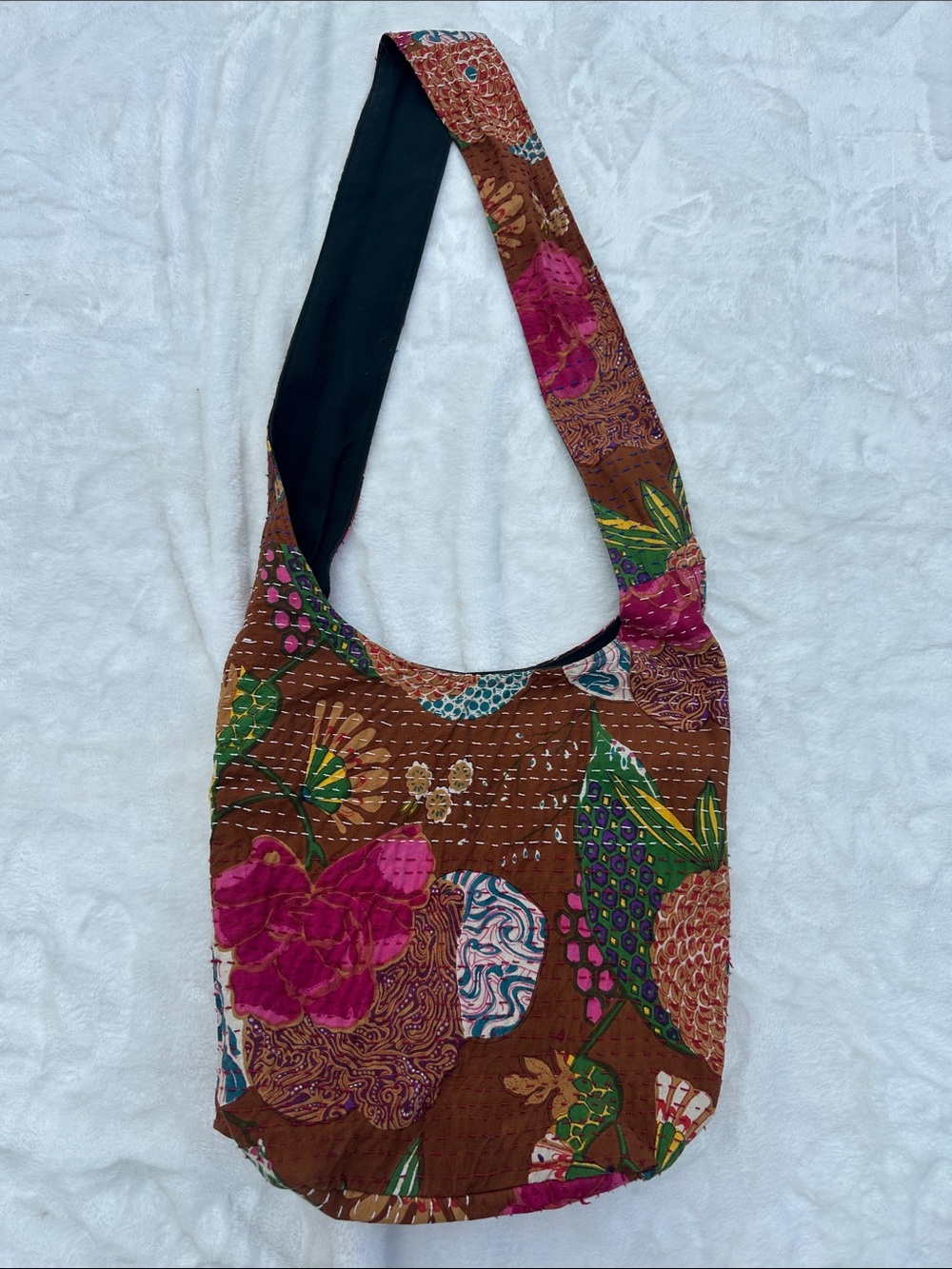Boho Floral Patchwork Sling Bag in Brown and Pink 16”x14” Travel Beach Shopping